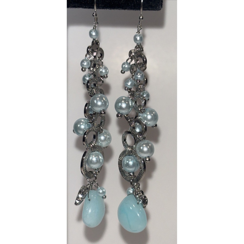 Silver Tone Dangle Earrings Blue Chalcedony Teardrop Faux Pearl Beaded